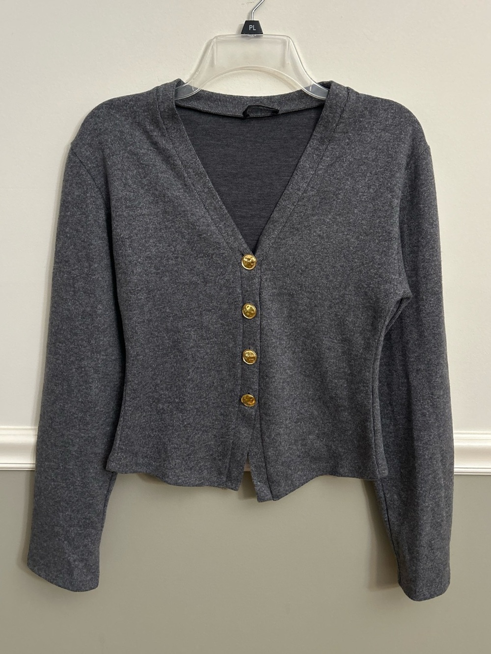 Zara Charcoal Gray V-Neck Gold Tone Button Knit Cropped Cardigan Sweater Small